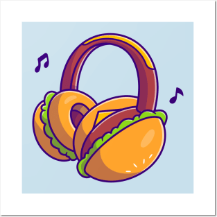 Burger Headphone Cartoon Posters and Art